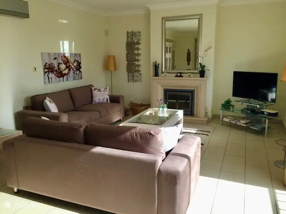 Grand salon confortable avec cheminée et smart TV