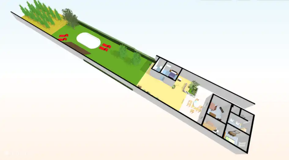 Vue d'ensemble du terrain, maison avec piscine privée avec pool house