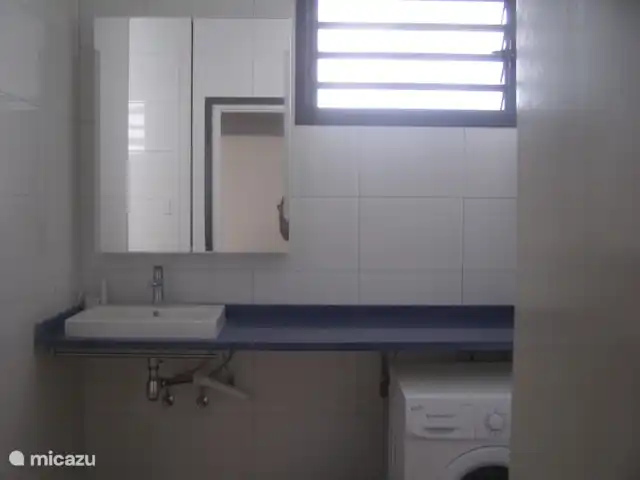 Location de Vacances Suriname, Paramaribo, Paramaribo, appartement - Icare VI Salle de bain, avec grand dessus où vous pouvez ranger tous les articles de toilette et une machine à laver sous le dessus.