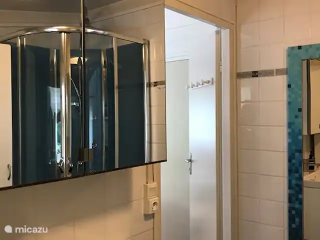 Chalet Château le Verdoyer 4**** | France, Dordogne, Champs-Romain - chalet Salle de bain avec douche, lavabo, beaucoup d’espace de rangement et bien sûr des toilettes