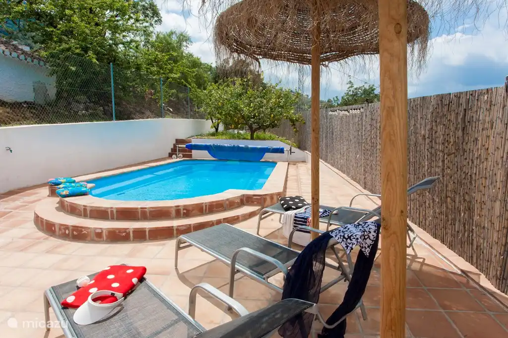 Het terras bij het zwembad met de parasols.