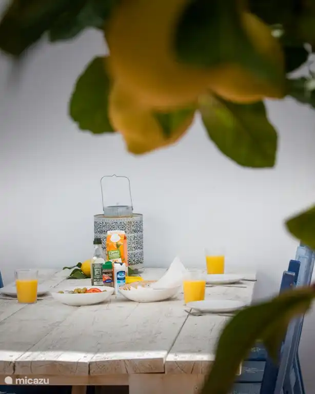 De eettafel op het voorterras.