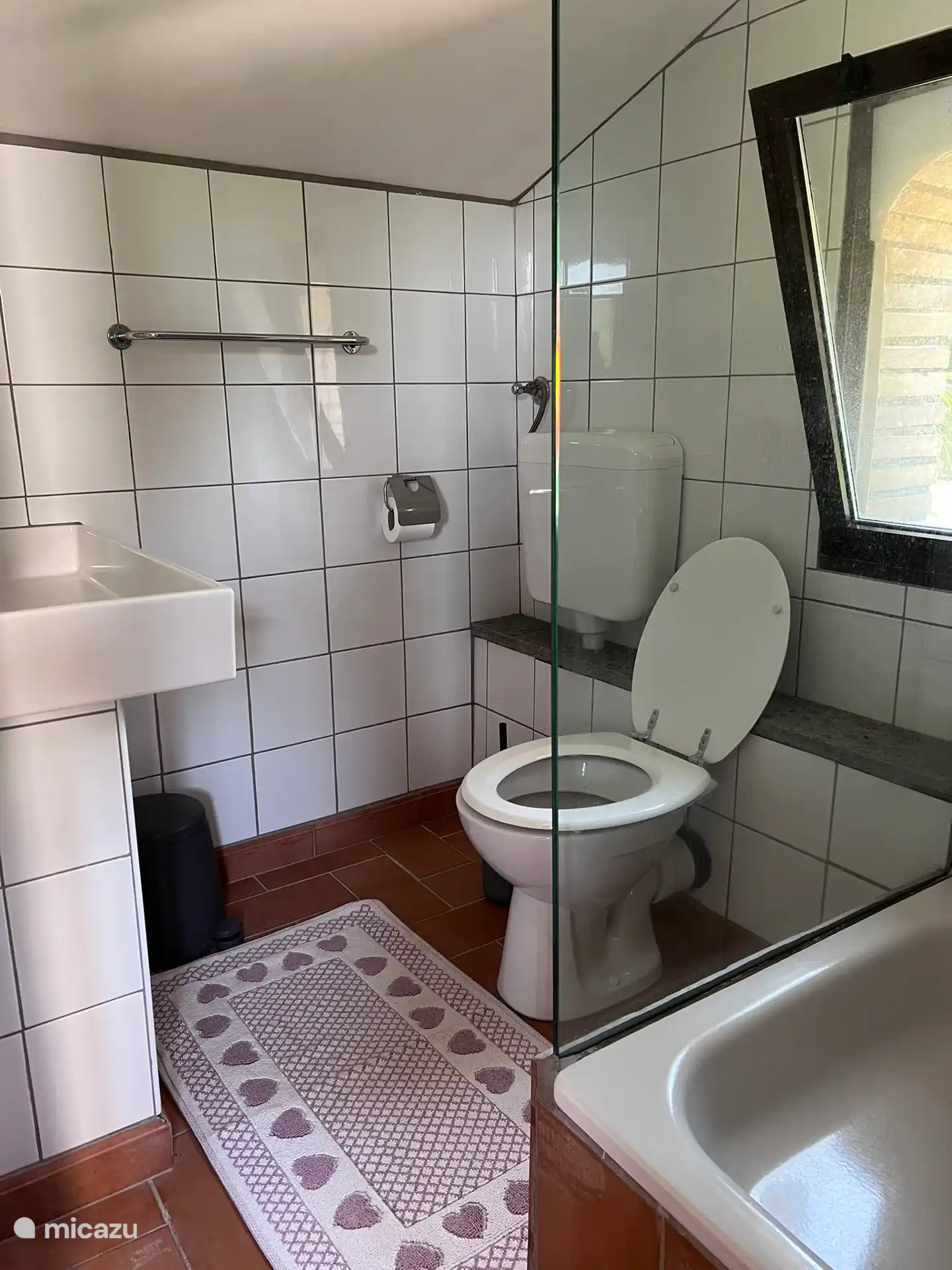 Badkamer met toilet, douche en wasbak. Bijbehorend bij kamer met twee enkele bedden.