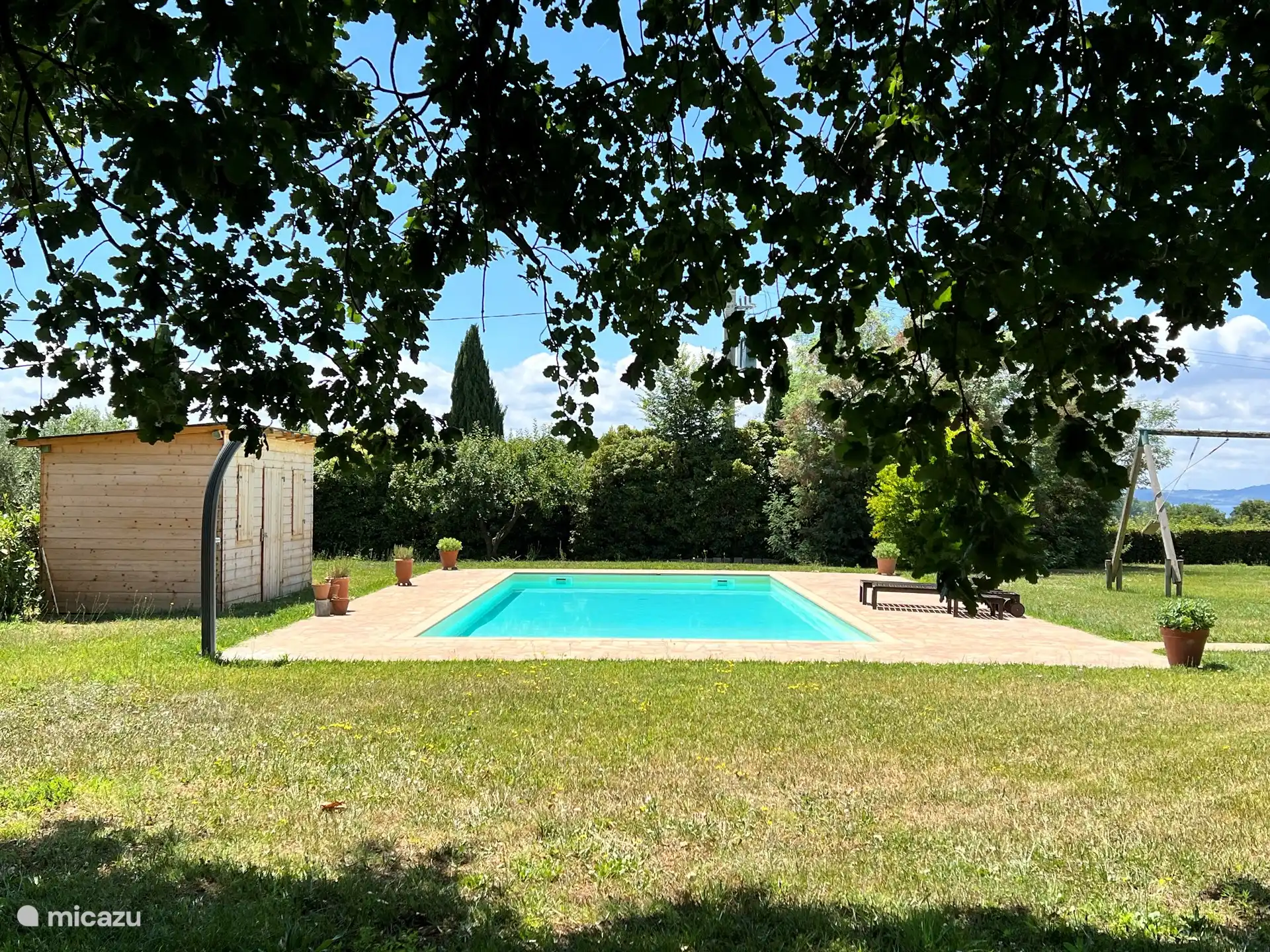 Zicht op het zwembad vanuit de schaduw van de grote eikenboom.