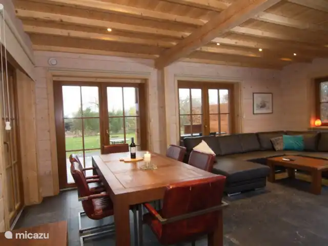 Houten villa Albert huren in Nederland, Overijssel, Den Ham - vakantiehuis Leren bank en stoelen
