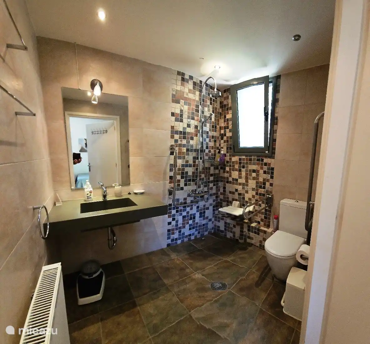 The apartment's en-suite bathroom is very modern with a walk-in shower and facilities for those with walking difficulties.