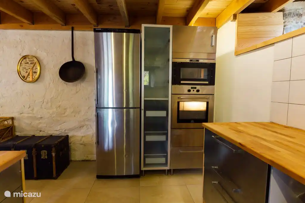 Küche mit Kühlschrank, Gefrierschrank, Backofen, Mikrowelle, Geschirrspüler und Gasherd