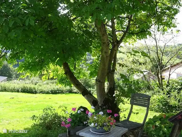 La Maison de la Forêt huren in Frankrijk, Nièvre, Ouroux-en-Morvan - boerderij Zitje op het terras voor het huis, in de schaduw van de walnotenboom.
