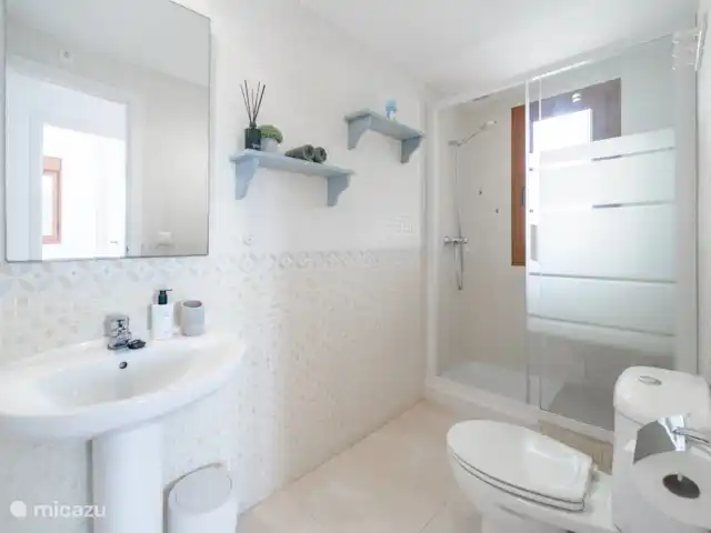 Apartamento Benvinguts en España, Costa Blanca, Jávea - apartamento Amplio cuarto de baño con inodoro, ducha, lavabo y secador de pelo.