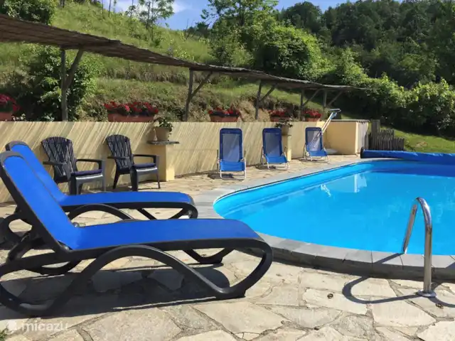Pian del Gatto | Italie, Ligurie, Pareto - maison de vacances Pian del Gatto autour de la grande piscine sont des chaises longues et le toit de chaume offre de l'ombre. Beaucoup d'intimité! Souhaitez-vous également vous détendre ici, puis consultez immédiatement le calendrier des disponibilités.