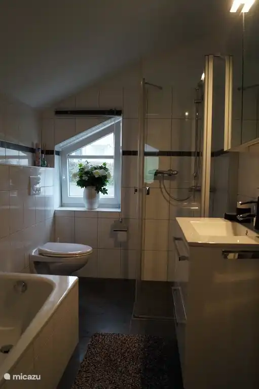 Badezimmer mit Badewanne, Dusche und WC