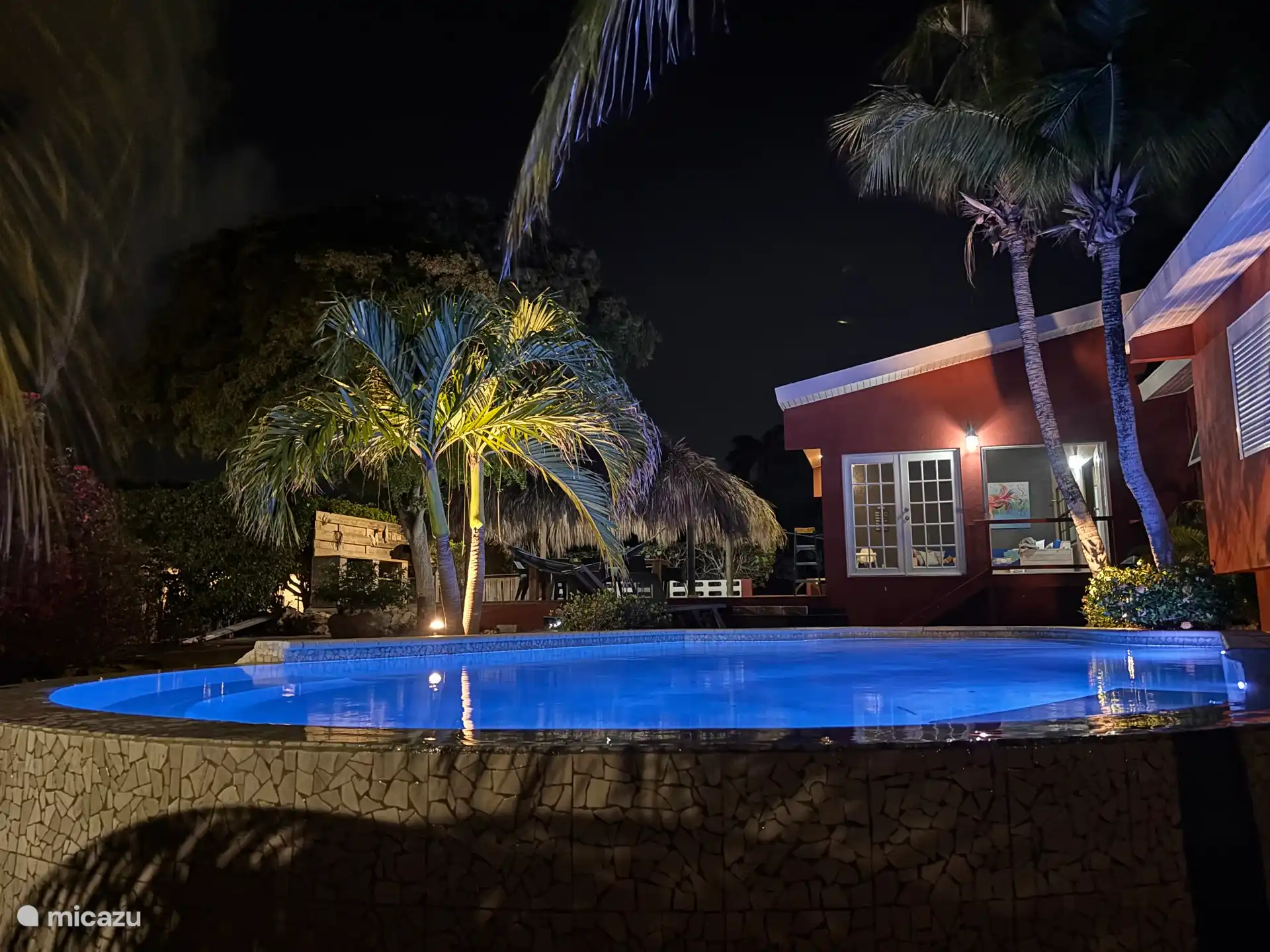 Piscine avec un débordement, un porche et un palapa en arrière-plan. 