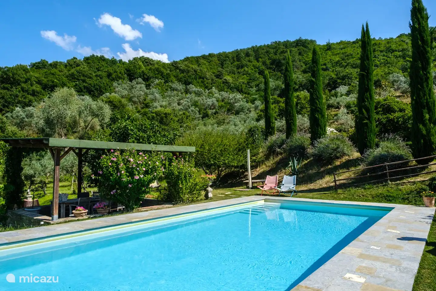 Piscina y asientos cubiertos para 8 personas aprox.