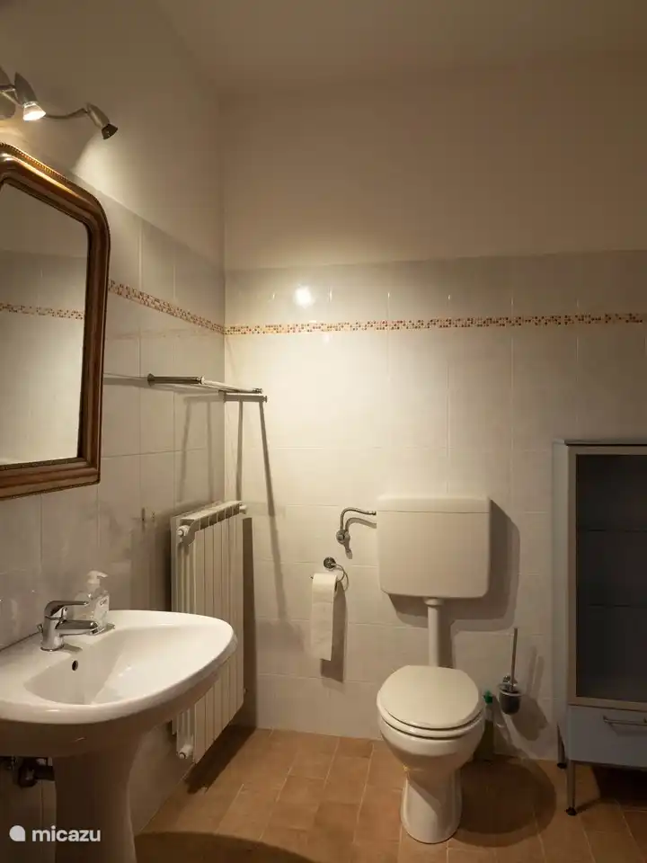 Badezimmer 1, am Erdgeschoss Vista sul Mare, Waschbecken, WC, Brause.