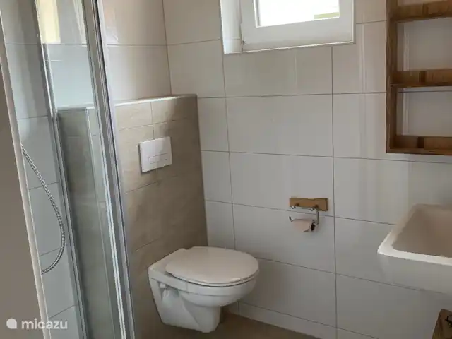 Berghaus Christel en Austria, Carintia, Arnoldstein - casa vacacional cuarto de baño 1 con ducha, lavabo, inodoro y suficientes opciones de almacenamiento
