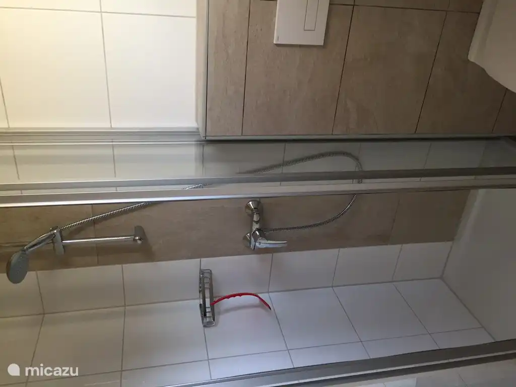 Salle de bain 1 avec douche, WC, lavabo et suffisamment d'espace pour tous les articles de toilette