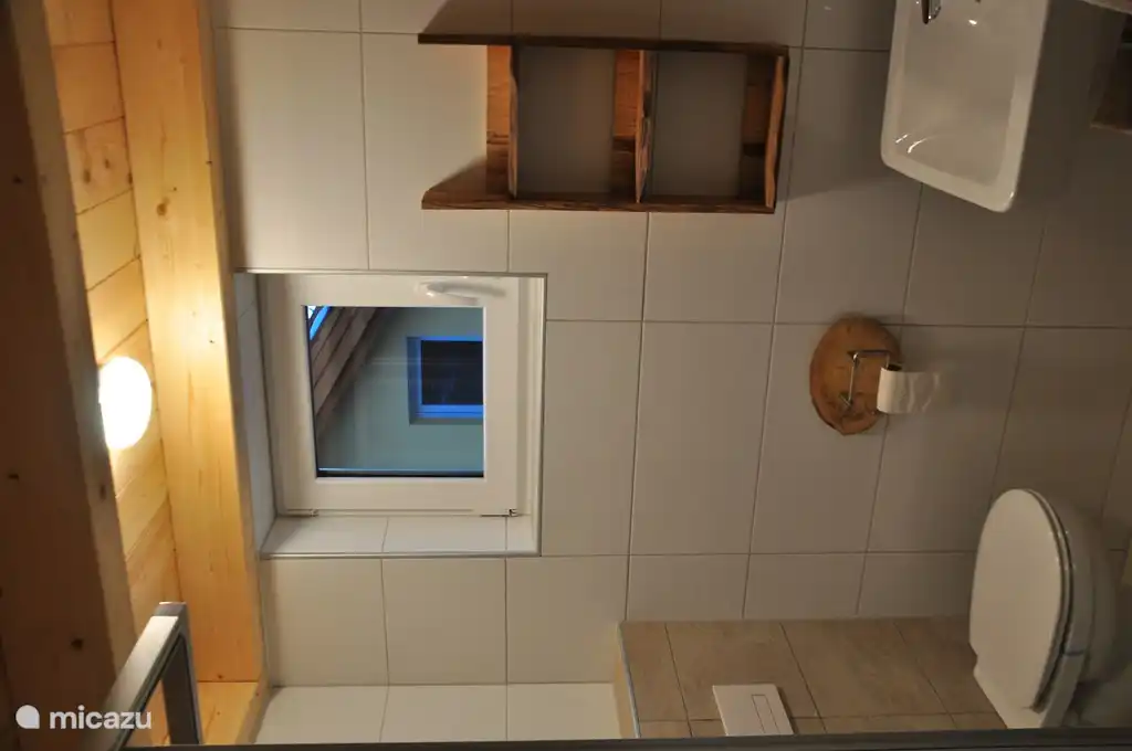 Salle de bain 1 avec douche, WC, lavabo et suffisamment d'espace pour tous les articles de toilette