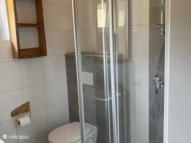 Berghaus Christel en Austria, Carintia, Arnoldstein - casa vacacional cuarto de baño 2 con ducha, lavabo, inodoro y suficientes espacios de almacenamiento