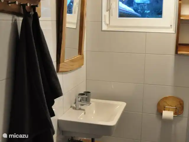 Berghaus Christel en Austria, Carintia, Arnoldstein - casa vacacional Cuarto de baño 2 con ducha, inodoro, lavabo y suficiente espacio para todos los artículos de tocador.