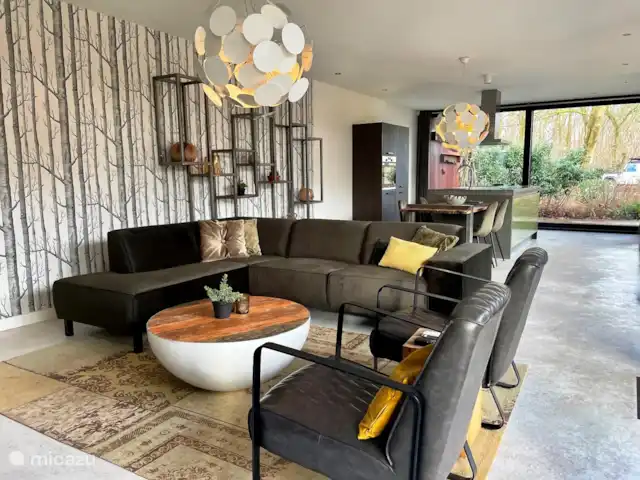 Maison forestière en acier | Pays-Bas, Brabant-Septentrional, Oosterhout - maison de vacances Salon avec canapé confortable et beaucoup de lumière