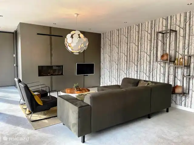 Maison forestière en acier | Pays-Bas, Brabant-Septentrional, Oosterhout - maison de vacances salon avec foyer au gaz