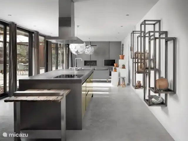 Maison forestière en acier | Pays-Bas, Brabant-Septentrional, Oosterhout - maison de vacances Cuisine ouverte moderne avec suffisamment de casserole, de vaisselle, etc. pour cuisiner.