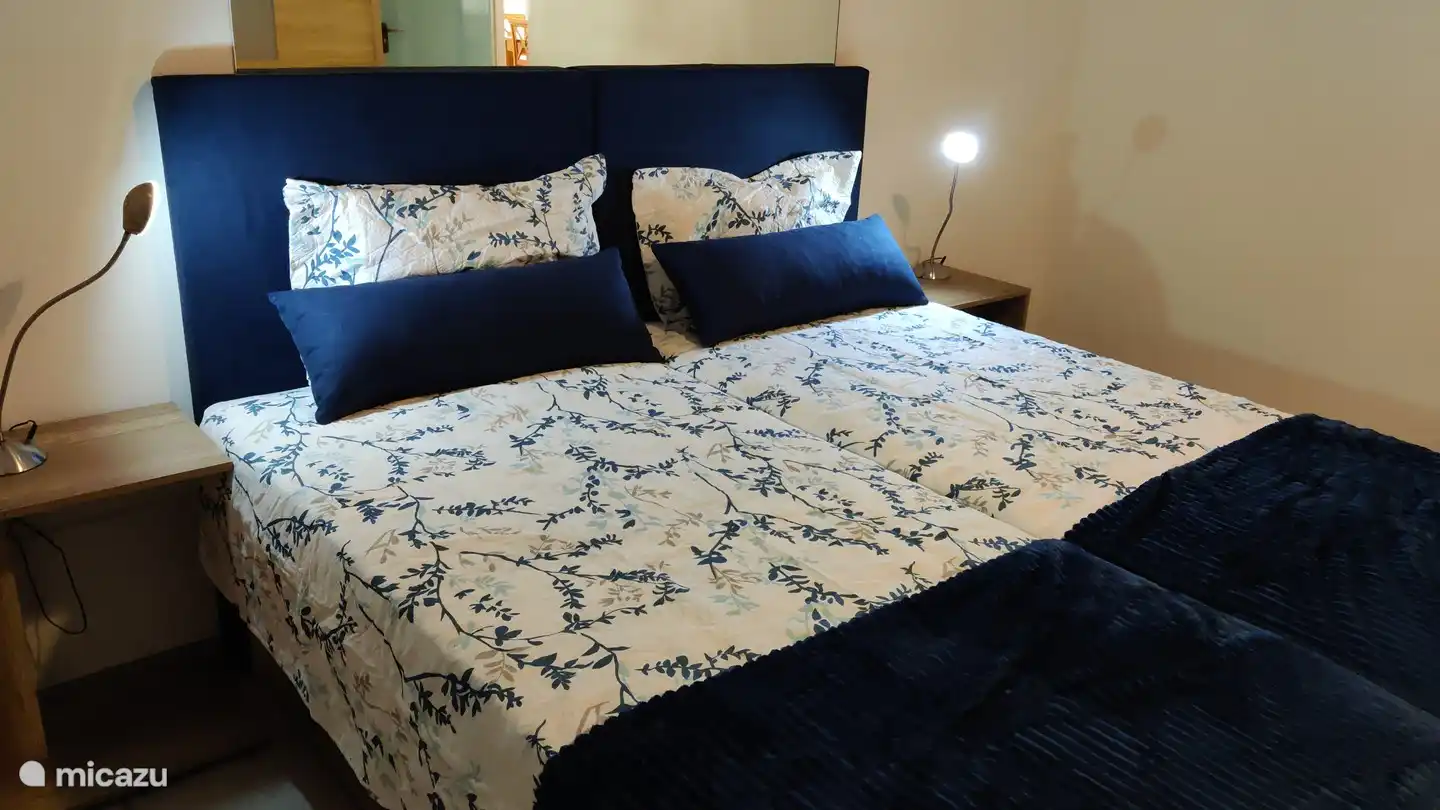 Chambre d'amis avec deux nouveaux lits simples et salle de bain attenante