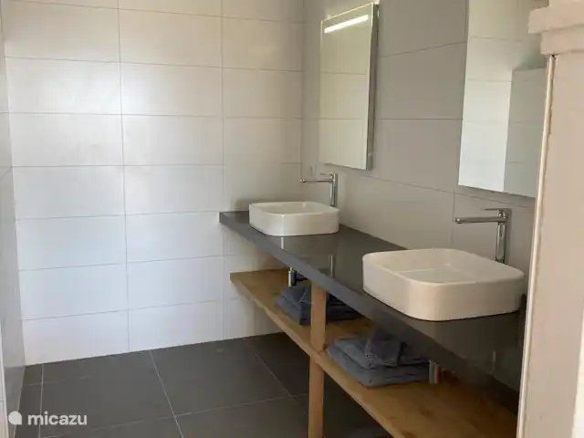 villa huren in Bonaire, Bonaire, Belnem – Luxe villa aan zee 'Op de Maze' Badkamer in hoofdslaapkamer