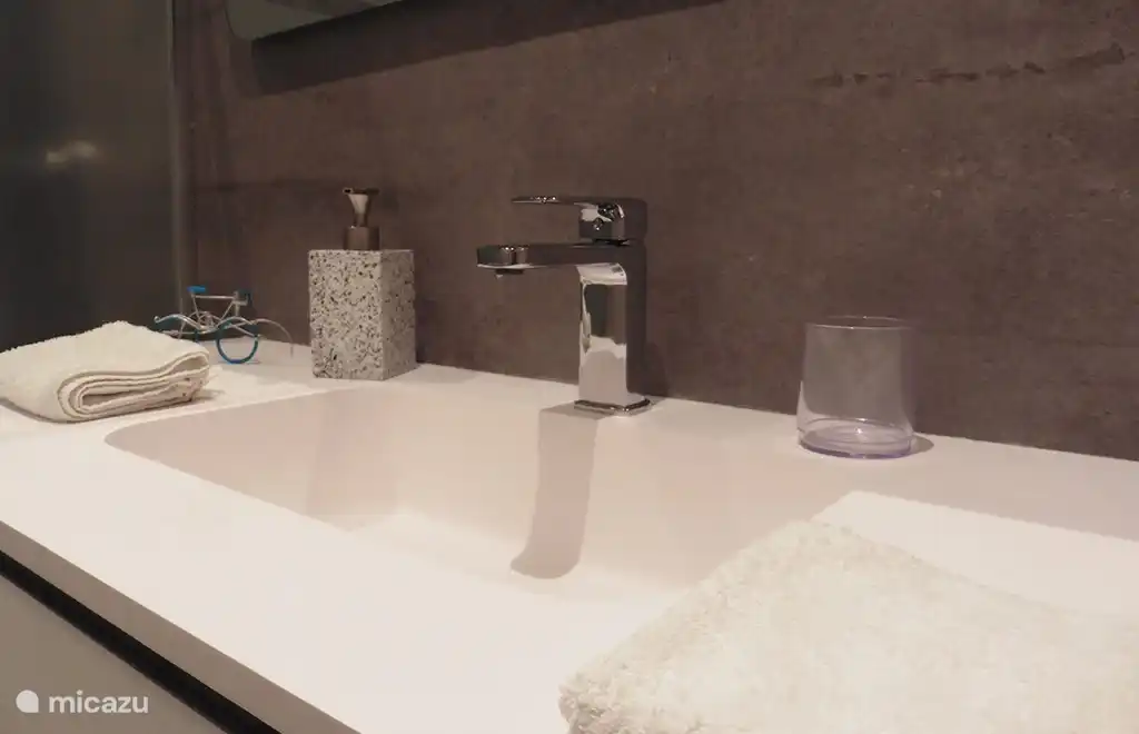 das Badezimmer en suite mit Waschbecken für 2 Personen