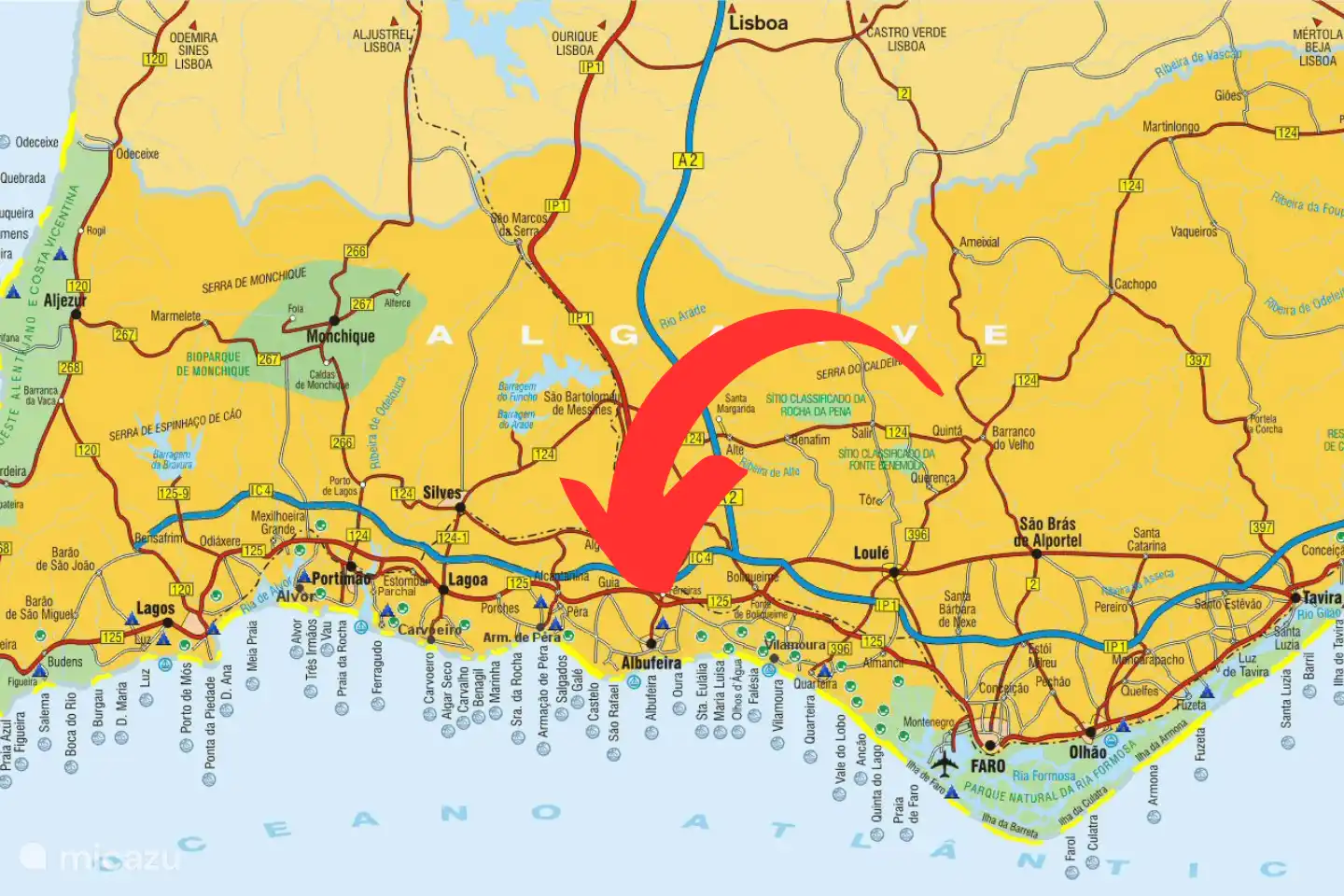 Albufeira ligt centraal in de Algarve, wat het een ideale locatie maakt voor uitstapjes door de hele Algarve. Een huurauto is wel aan te raden.