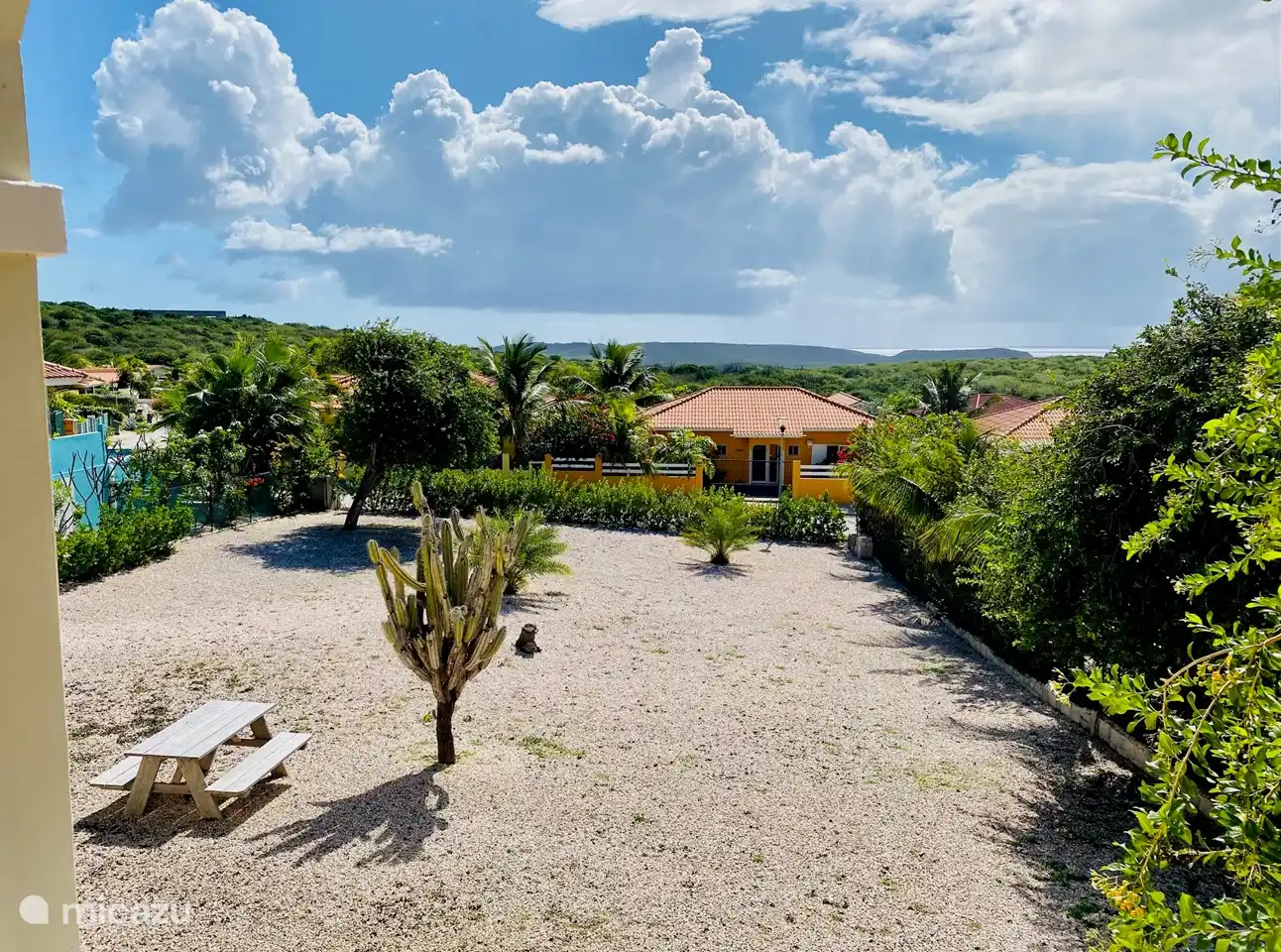 Nice unobstructed view. The house is not directly on the road. Lots of privacy with a spacious garden. In the distance the Caribbean Sea with often breathtaking sunsets.