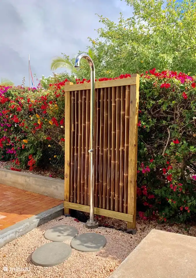The outdoor shower next to the pool terrace.