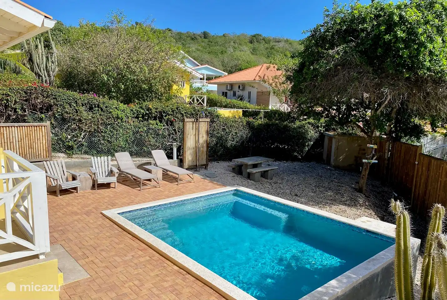The private swimming pool next to the house with a spacious terrace, with beautiful sun loungers and lounge chairs and a nice outdoor shower.