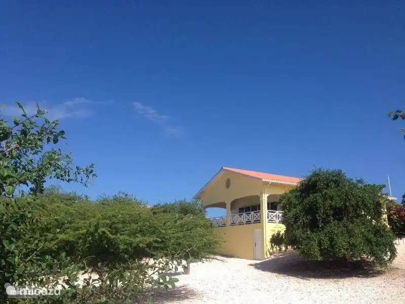 View from below of the house with a spacious terrace with an unobstructed view. On the right the swimming pool with lots of privacy. The house is built on two plots that together form the large garden.