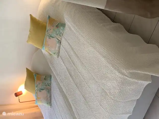 Bedroom with box spring beds. French doors to the terrace and garden