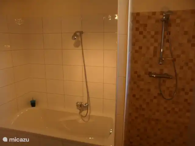 'Le Noyer', de notenboom huren in Frankrijk, Ardèche, Désaignes - villa 'Le Noyer' heeft twee verwarmde badkamers: de ene is voorzien van een dubbele wastafel, ligbad & douche (foto) en toilet. De andere badkamer is voorzien van een dubbele wastafel, douche, toilet en bidet.