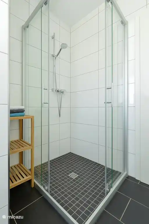 Salle de bain spacieuse avec douche au rez-de-chaussée.