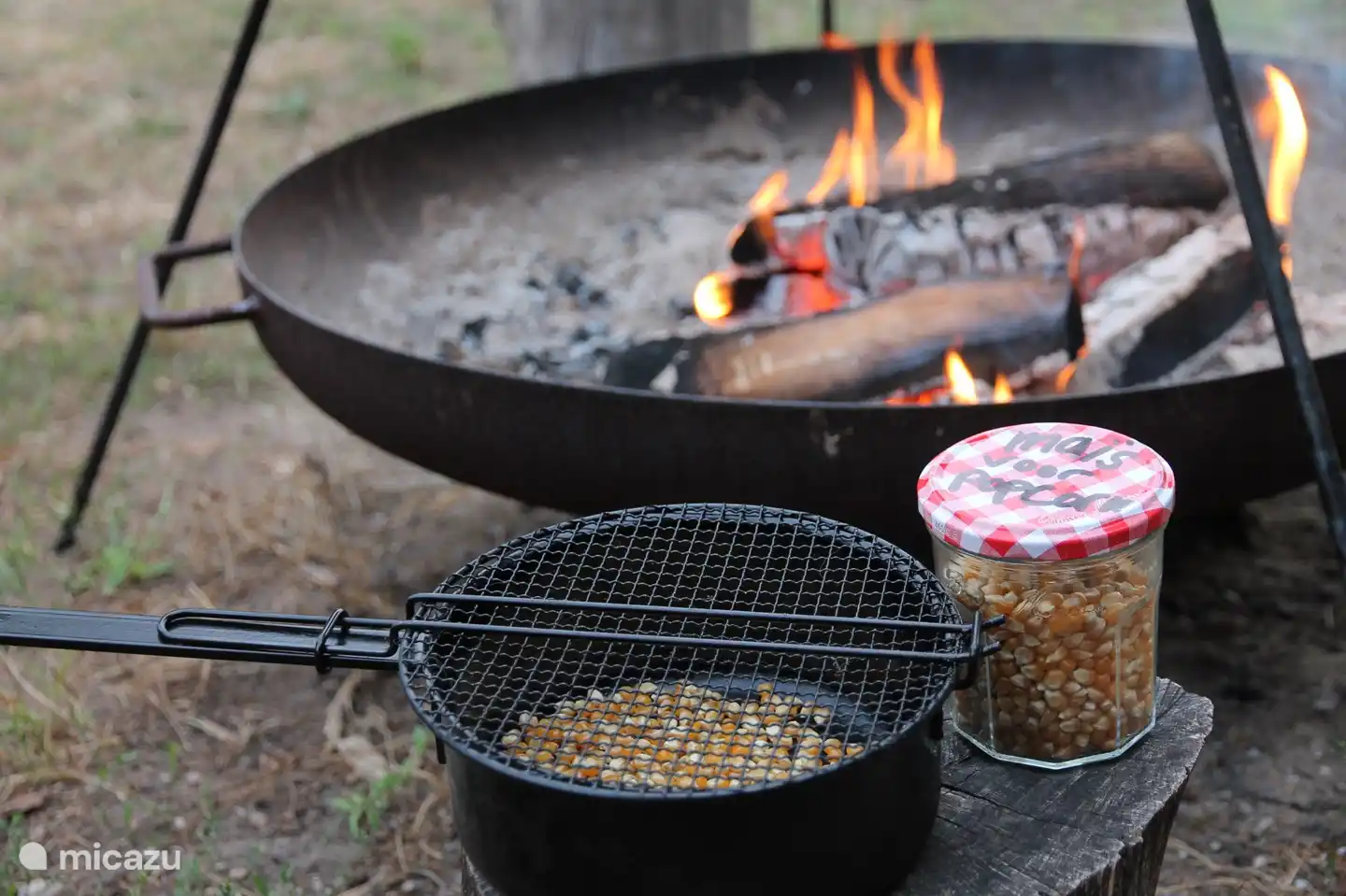 Auf Ihrer eigenen Terrasse befindet sich eine Feuerschale, in der Sie Popcorn herstellen können.