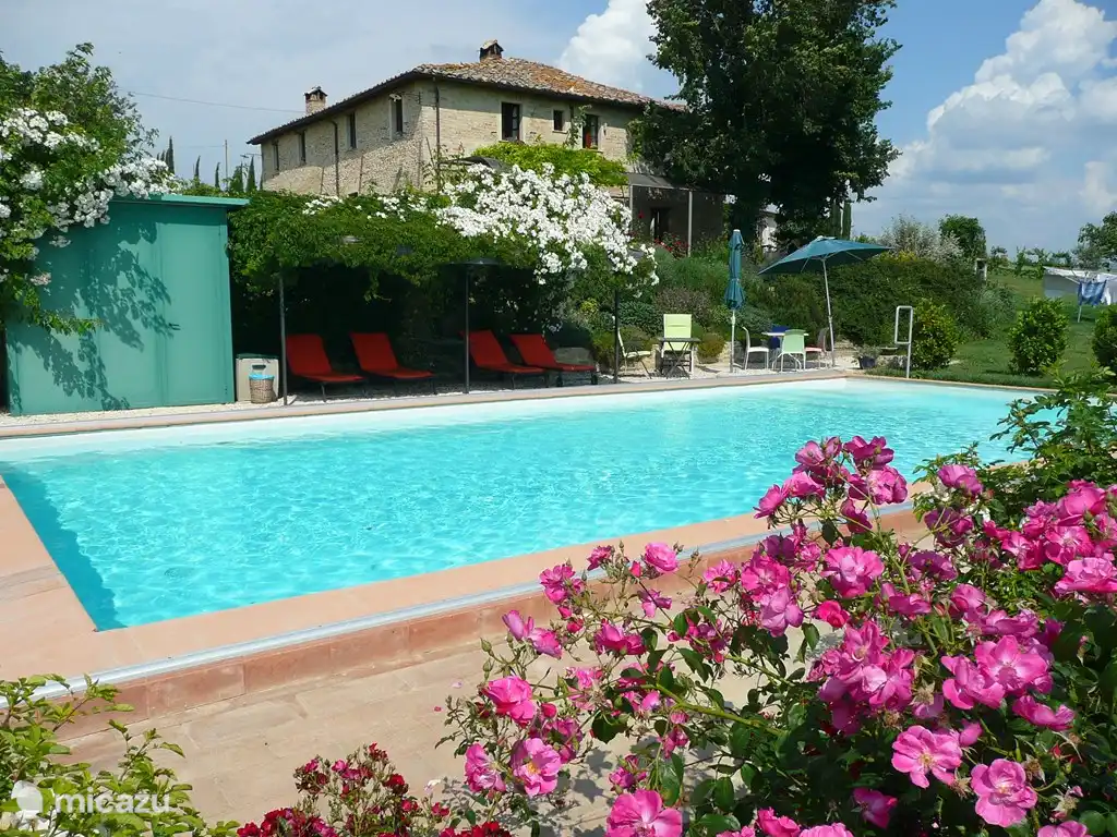 Der Pool hat eine Fläche von 6 x 12 Metern und die Wassertiefe variiert zwischen 1,30 und 1,70 Metern. Es gibt viel Platz zum sitzen oder liegen auch im Schatten.