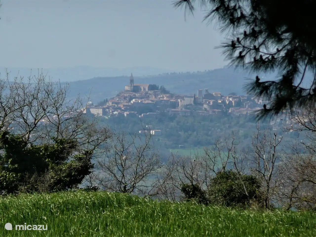 Ein Panorama mit der Stadt Todi in der Ferne.