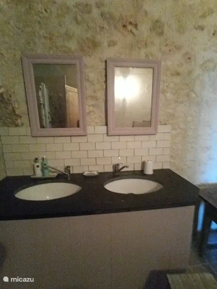 Badezimmer mit ebenerdiger Dusche und Waschbecken mit zwei Waschbecken.