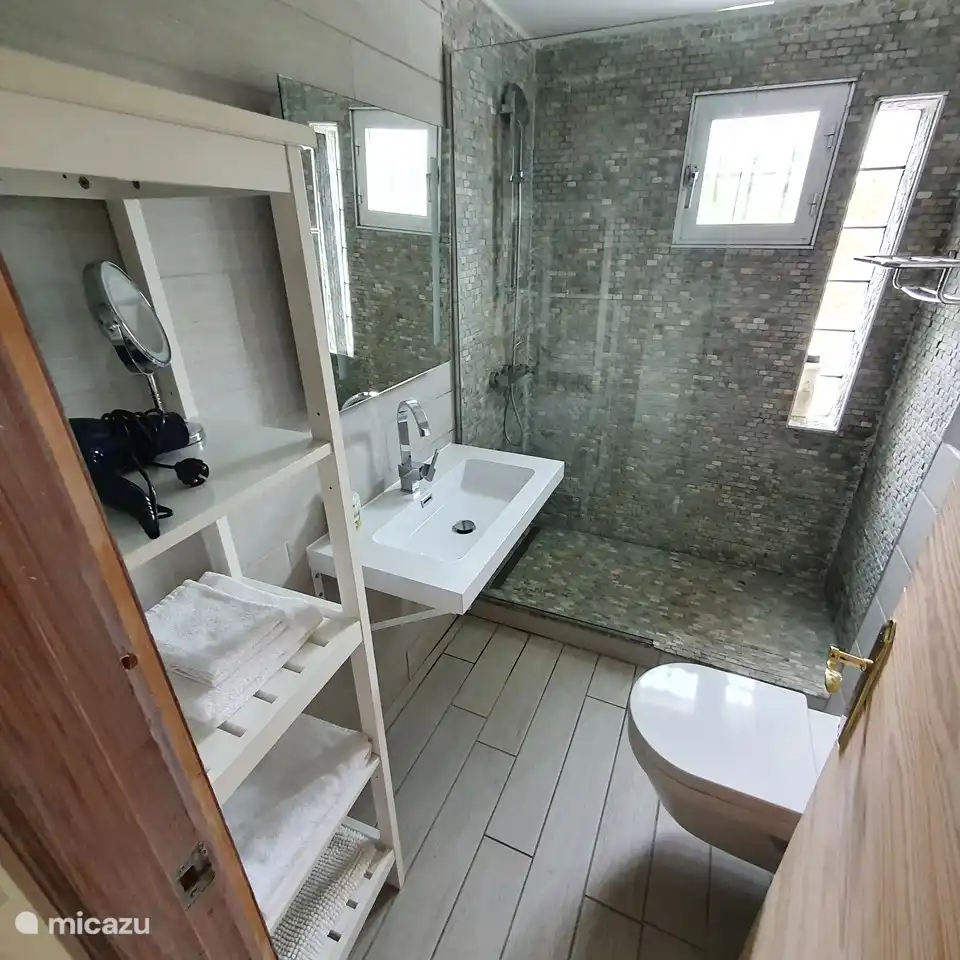 Badezimmer mit Waschbecken, WC, ebenerdiger Dusche