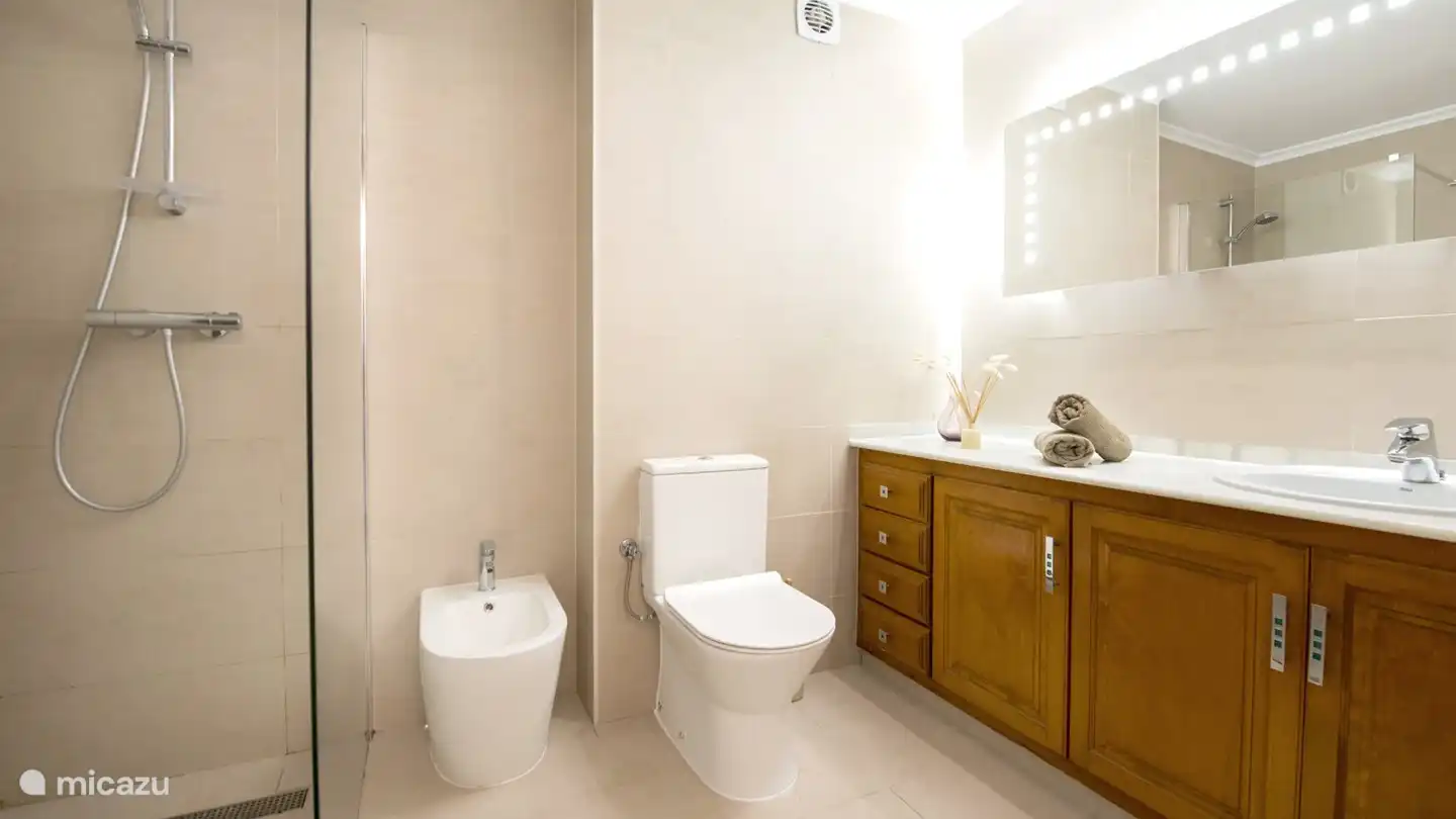 Salle de bain avec douche à effet pluie, chauffage, toilettes, bidet et lavabo spacieux