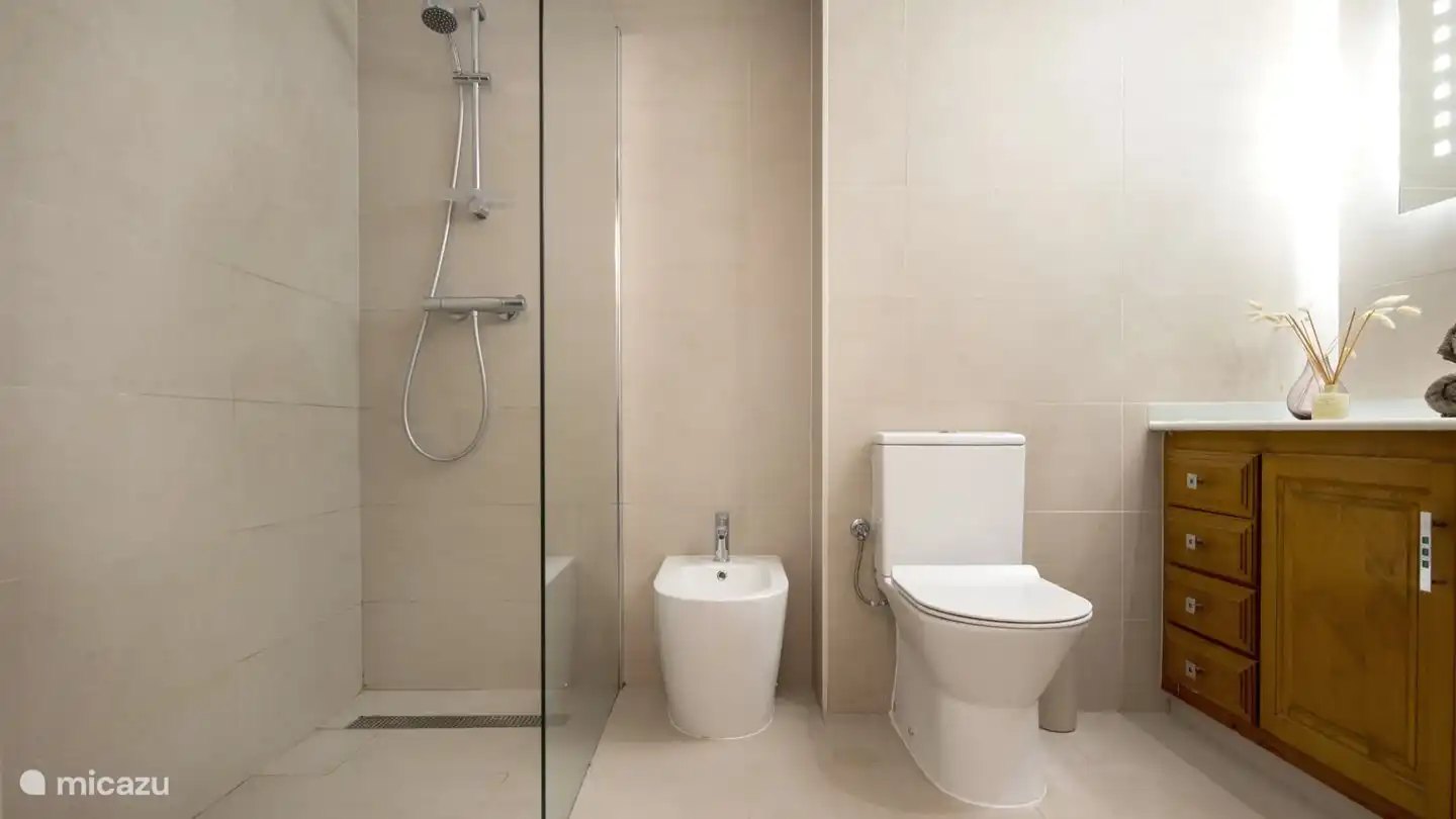 Salle de bain avec douche à effet pluie, chauffage, toilettes, bidet et lavabo spacieux