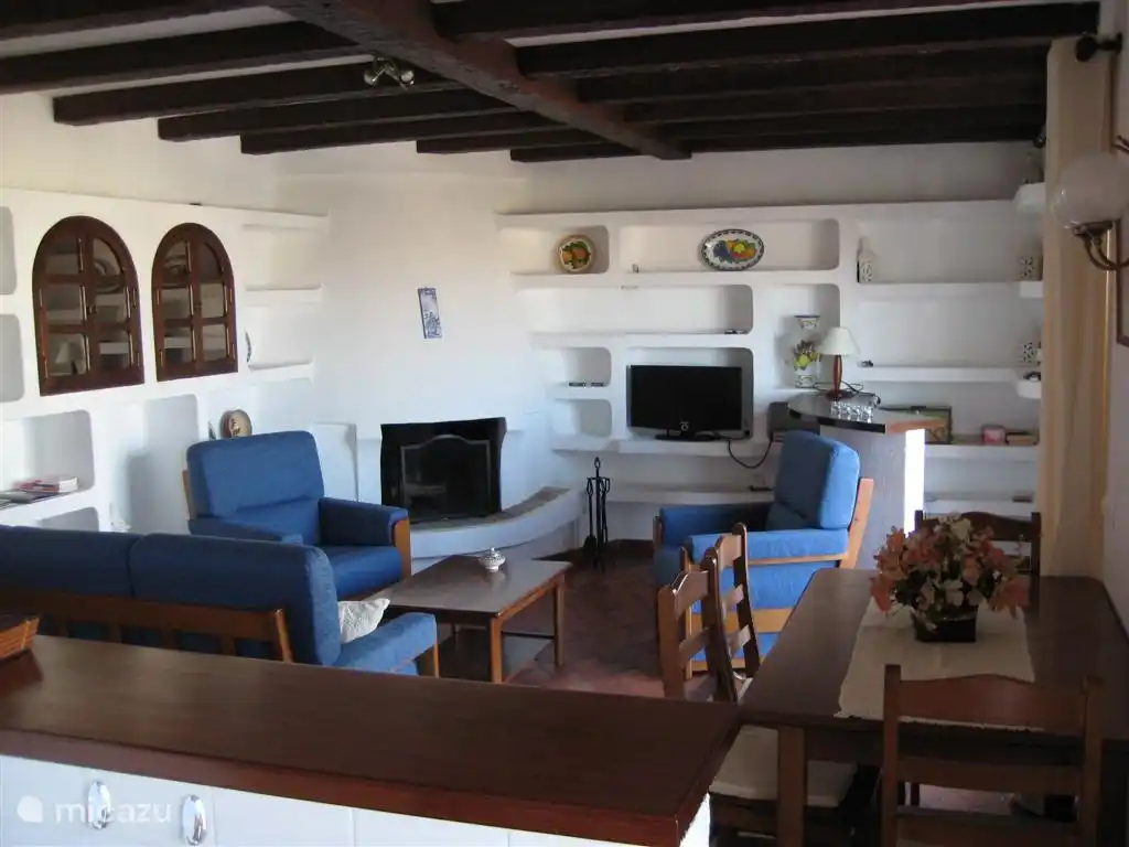 Woonkamer met open haard, bar en satteliet TV.