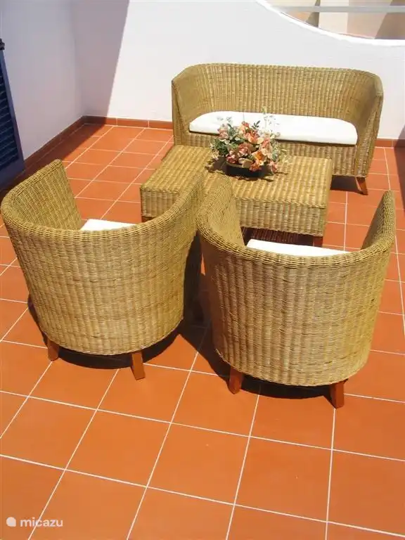 Rietenstoelen en bank voor het terras.