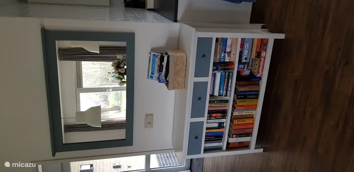 Buch- und Spieleschrank. Es gibt auch die notwendigen touristischen Informationen.