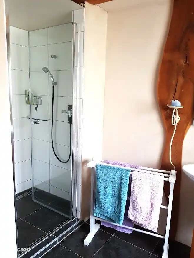 Teil des großen Badezimmers mit der ebenerdigen Dusche. Drehen Sie die Duschtür nach innen, damit das Wasser nicht ins Bad läuft und der Lehm trocken bleibt.