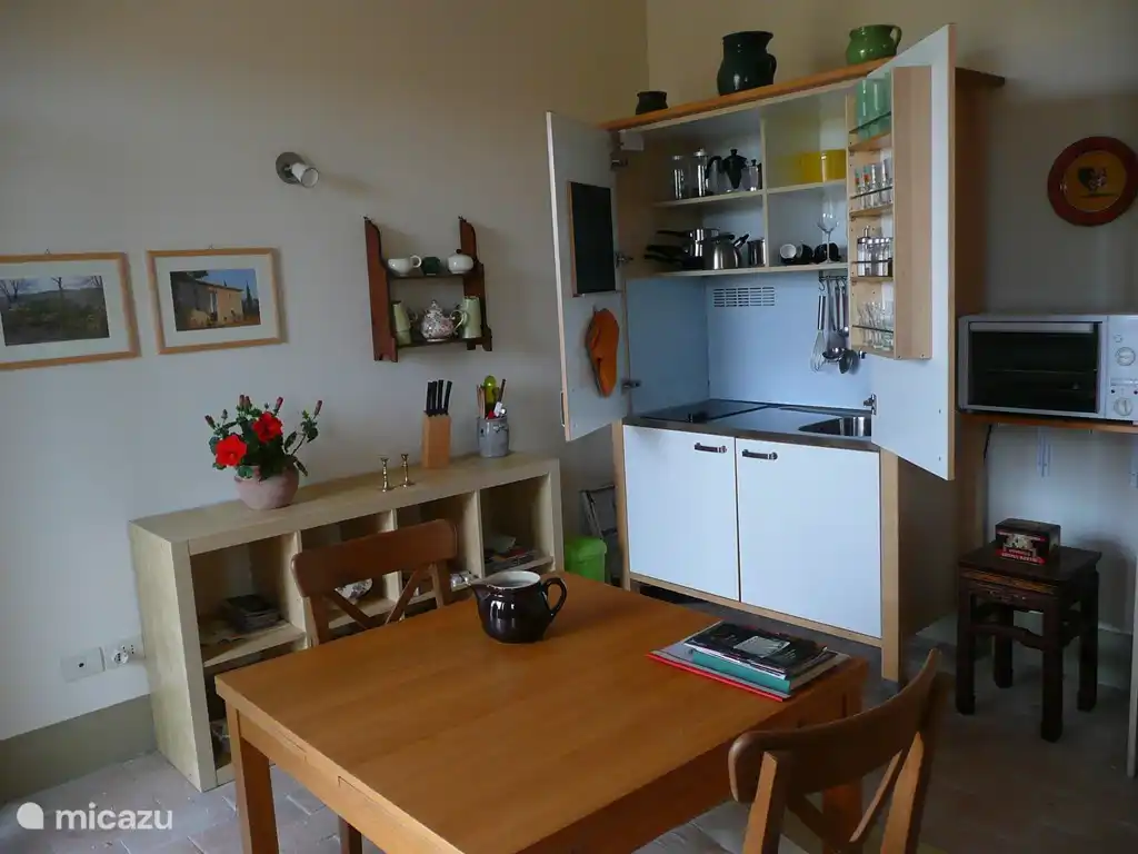 Die Küchenzeile im Studio, mit 2 Kochplatten und einem kleinen Kühlschrank.