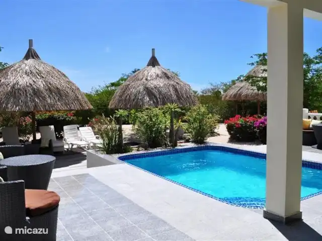 Kavel 15 coral estate rif st.marie huren in Curaçao, Banda Abou (west), Coral Estate, Rif St.Marie - villa Privé zwembad met zitjes op het terras naast het zwembad.